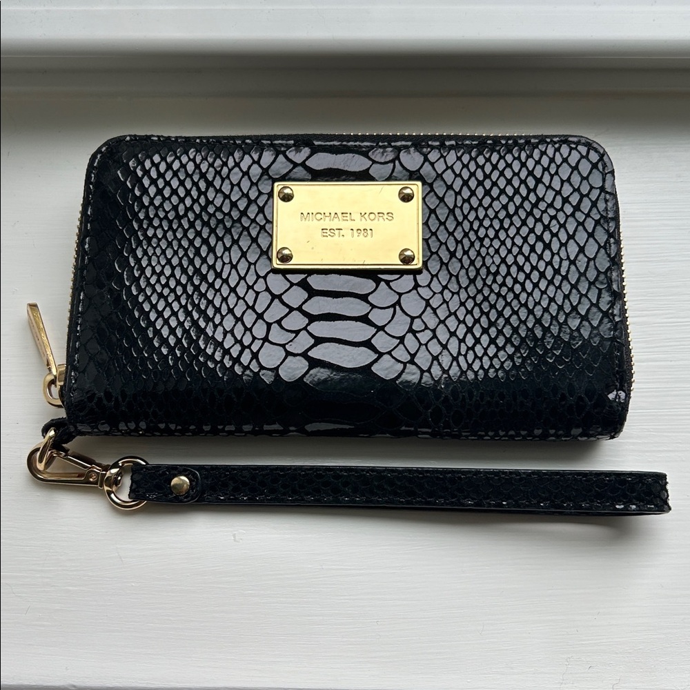 Black Wristlet Wallet with Gold Tone Hardware